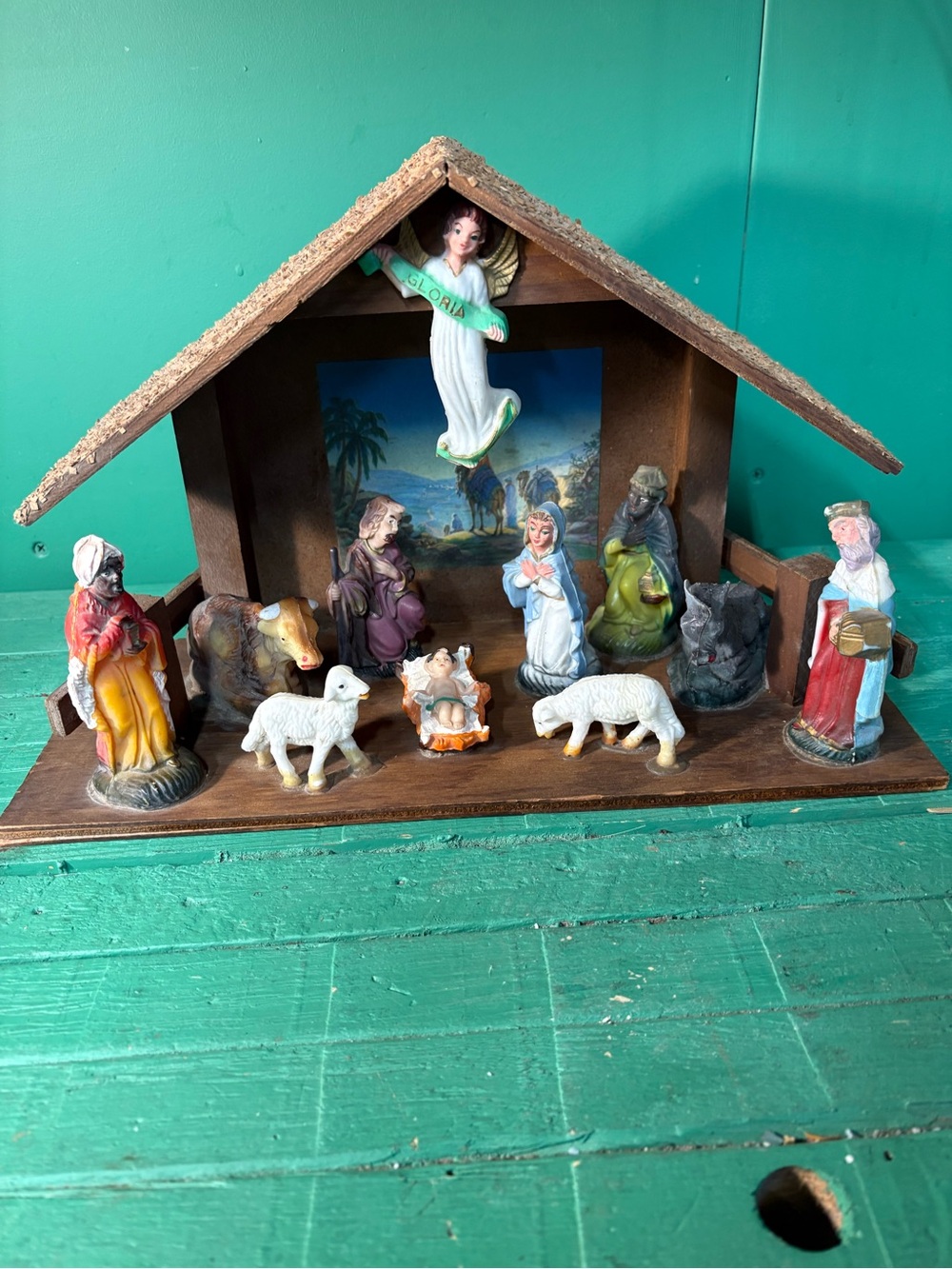 1950s Celluloid Plastic 12 Figure Nativity in Wood Stable